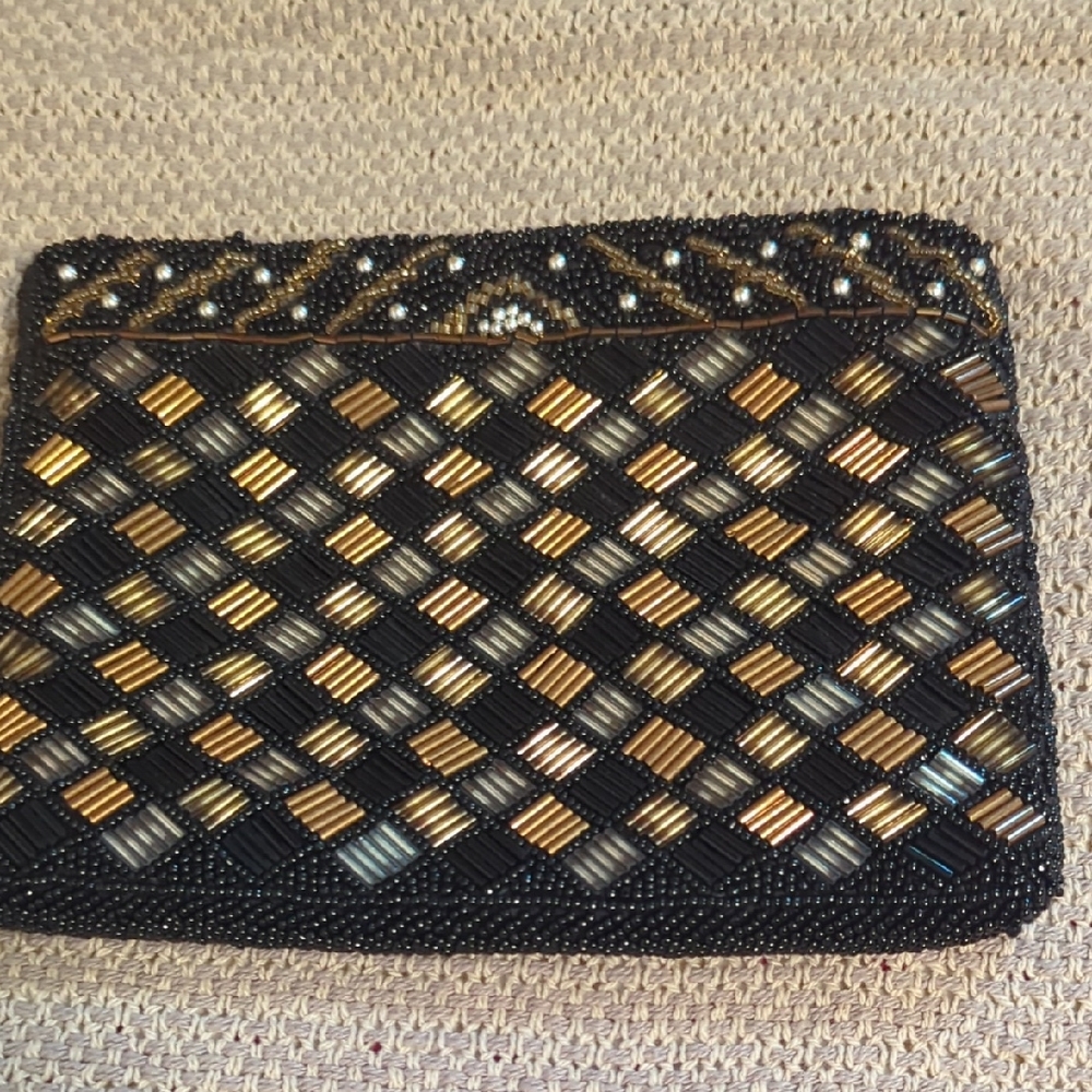 Black and Gold Woven Clutch with Metallic Accents